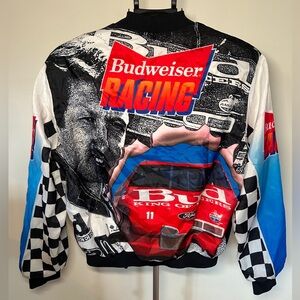 Vintage Budweiser Racing 1990s All Over Print Cropped Bomber Jacket